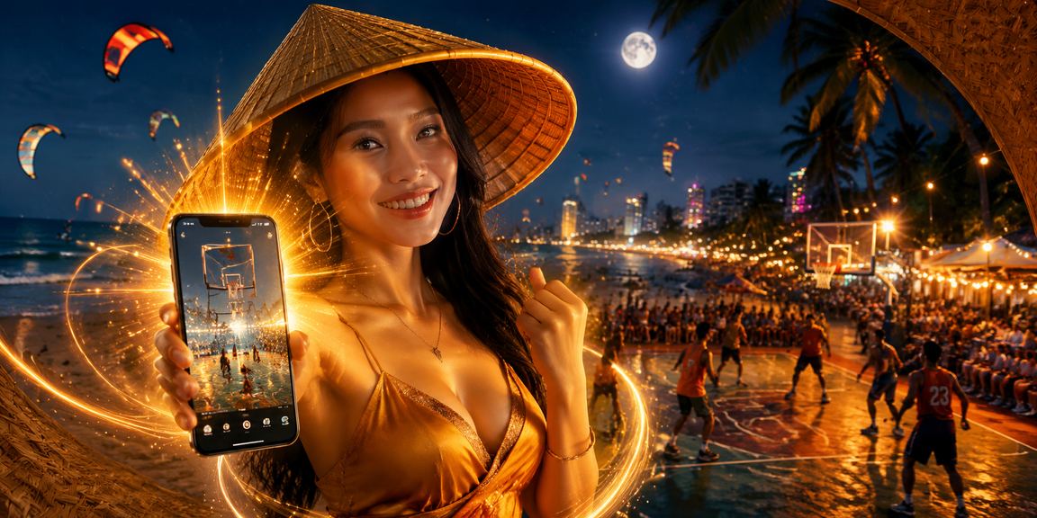 Bối cảnh Mũi Né với bóng rổ gợi ý theo dõi thể thao trên di động